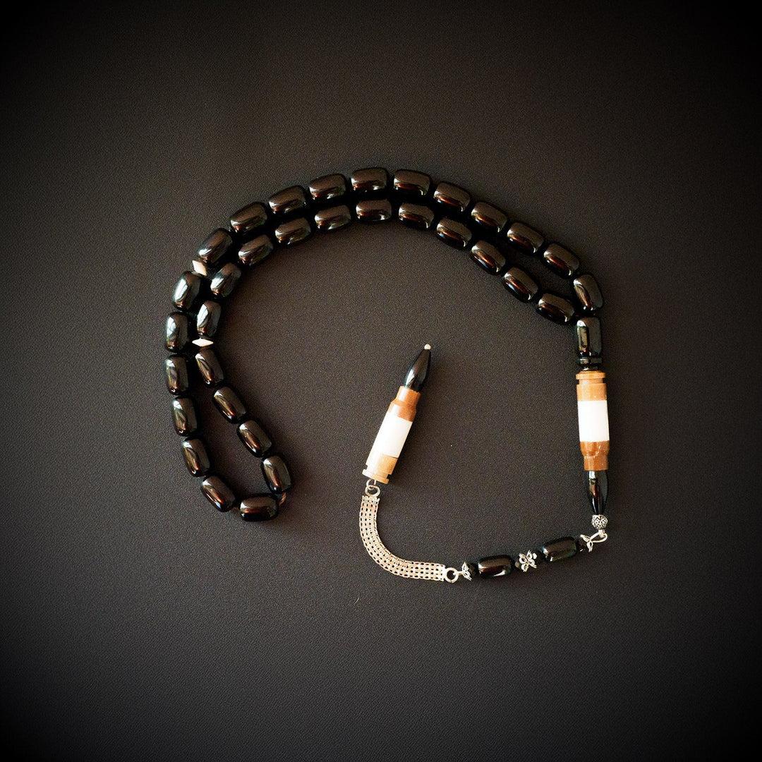 Black Amber Tasbeeh – Silver &amp; Kuka Wood Imam Bead – WATE042