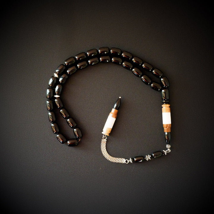 Black Amber Tasbeeh – Silver &amp; Kuka Wood Imam Bead – WATE042