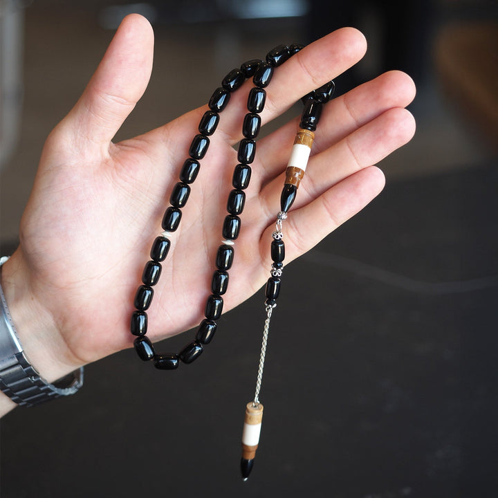 Black Amber Tasbeeh – Silver &amp; Kuka Wood Imam Bead – WATE042