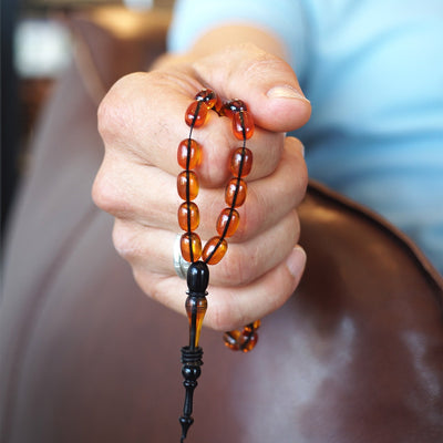 Custom Cast Graded Fire Amber Tasbeeh – Streaked Beads with Dual-Tone Design – WATE048