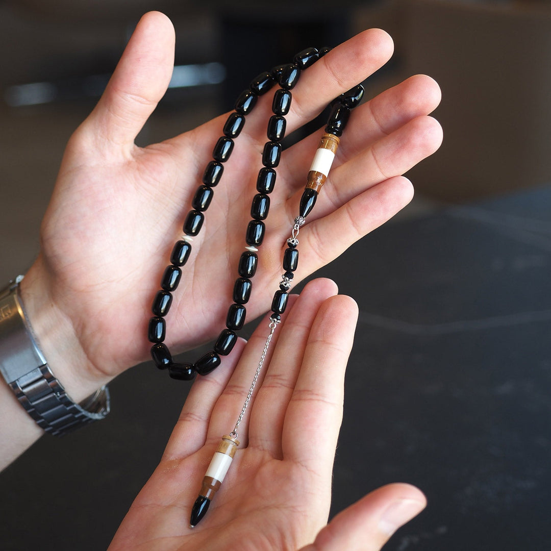 Black Amber Tasbeeh – Silver &amp; Kuka Wood Imam Bead – WATE042
