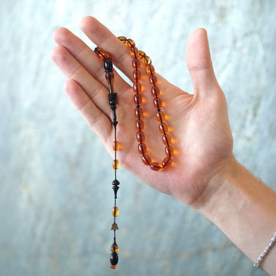 Custom Cast Graded Fire Amber Tasbeeh – Streaked Beads with Dual-Tone Design – WATE048