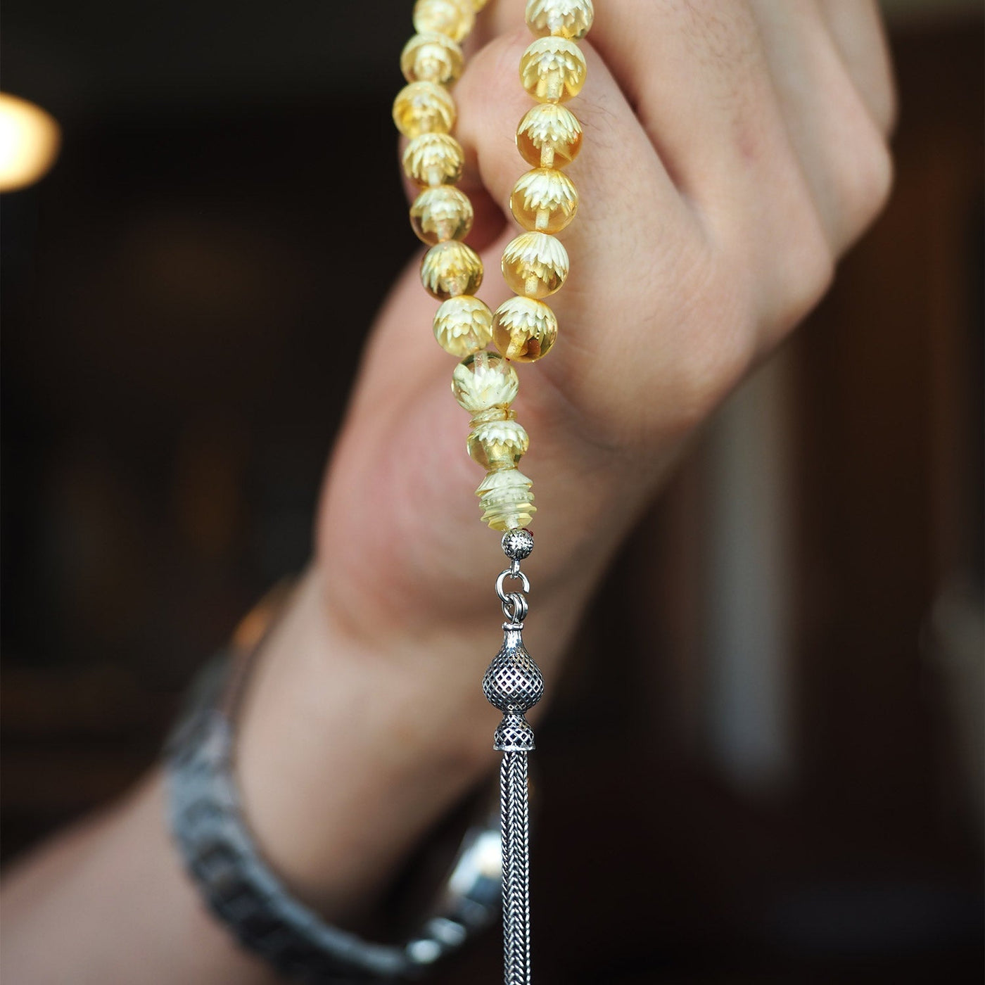 Raw Baltic Amber Tasbeeh – Single Piece with Reverse Carving – WATE055