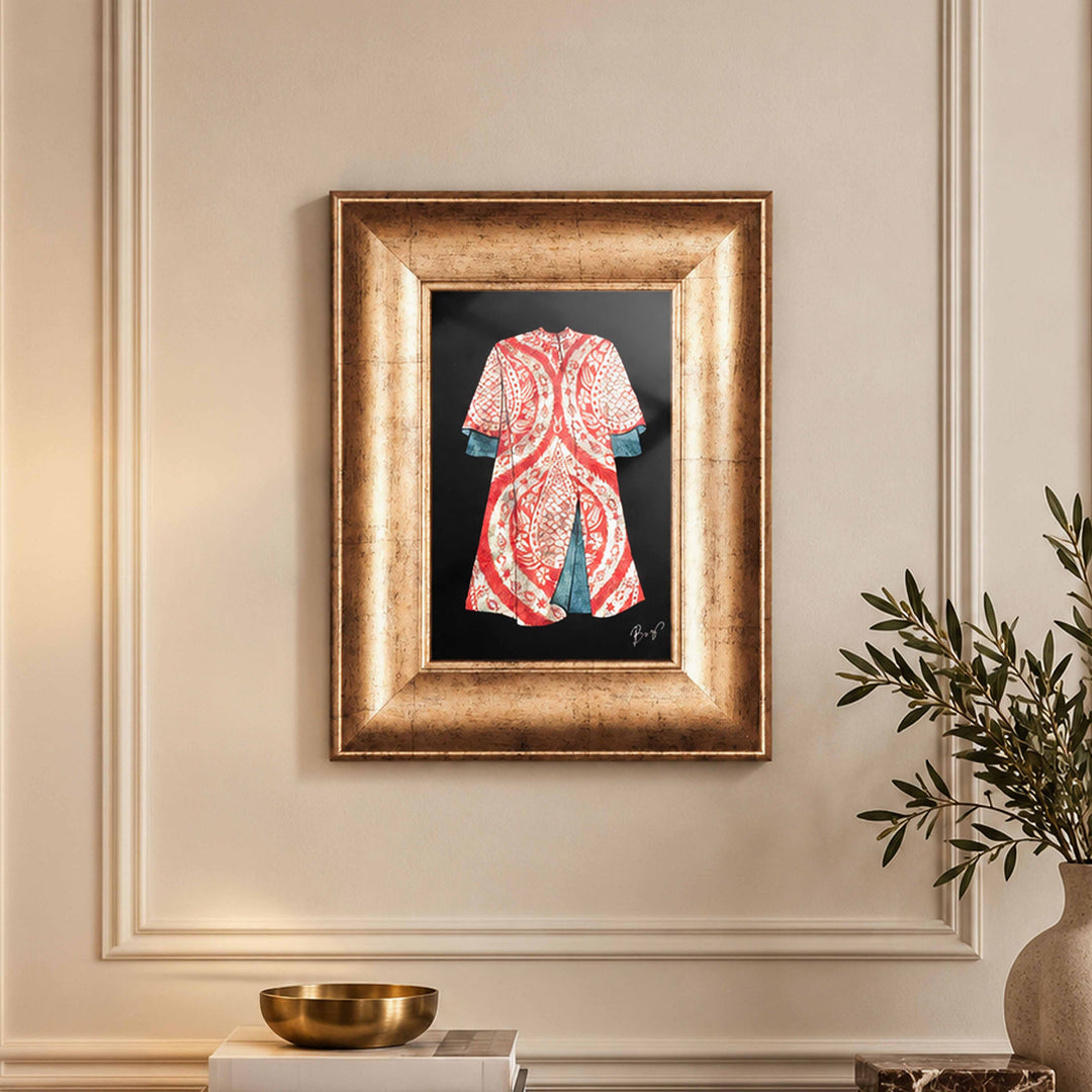 Handcrafted Tulip-Patterned Kaftan Design Glass Wall Art with Gold Leaf Wooden Frame - WAAH453