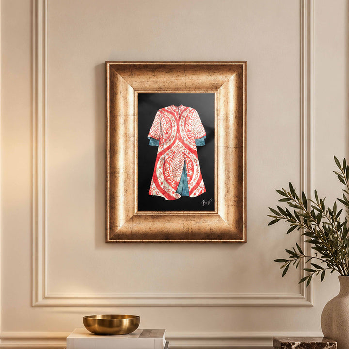 Handcrafted Tulip-Patterned Kaftan Design Glass Wall Art with Gold Leaf Wooden Frame - WAAH453