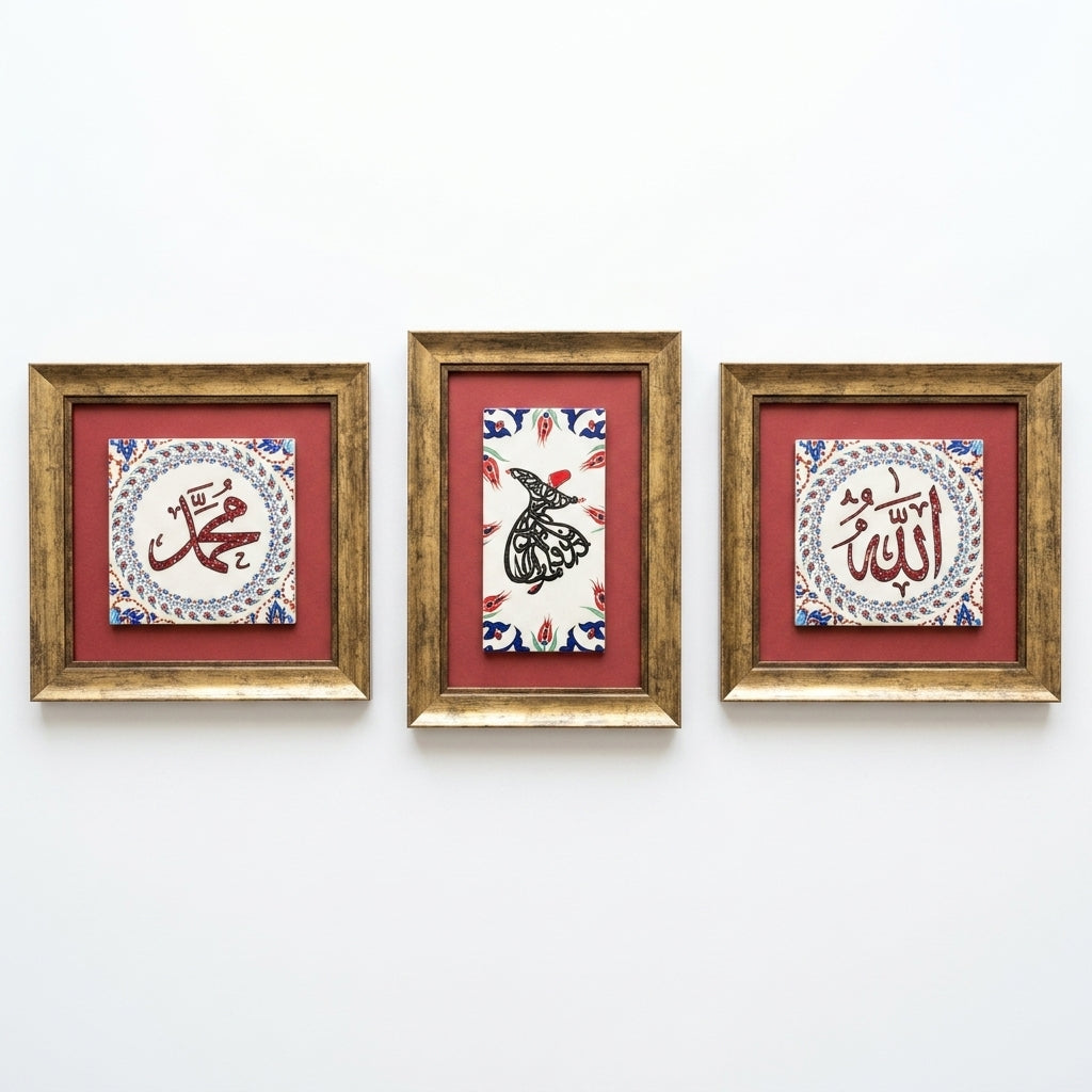 Whirling Dervish, Allah &amp; Muhammad Written 3-Piece Ceramic Tile Wall Art Set (Glow in the Dark) – WAC062
