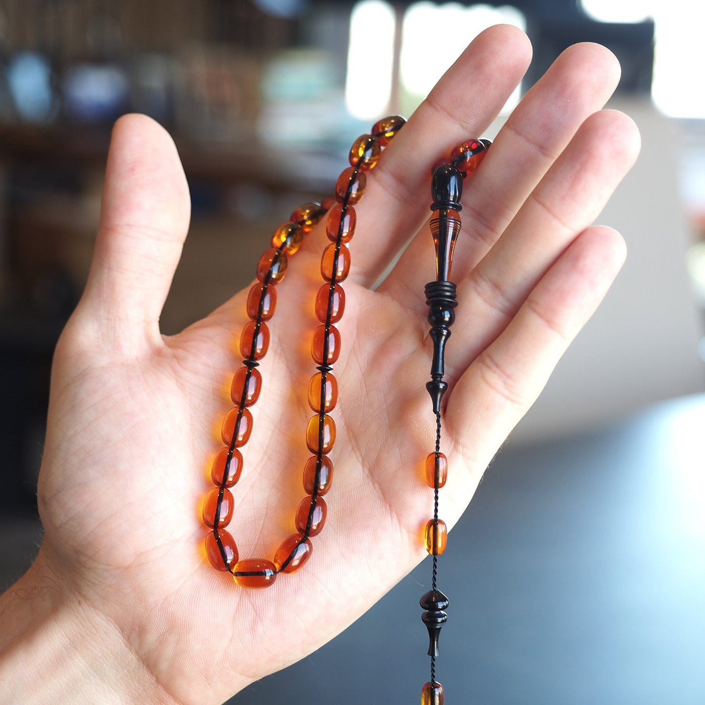 Custom Cast Graded Fire Amber Tasbeeh – Streaked Beads with Dual-Tone Design – WATE048