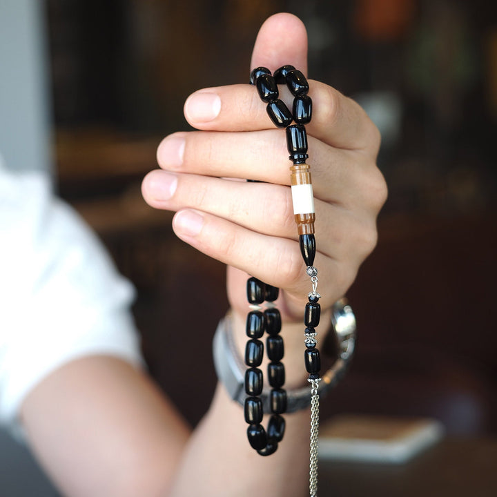 Black Amber Tasbeeh – Silver &amp; Kuka Wood Imam Bead – WATE042