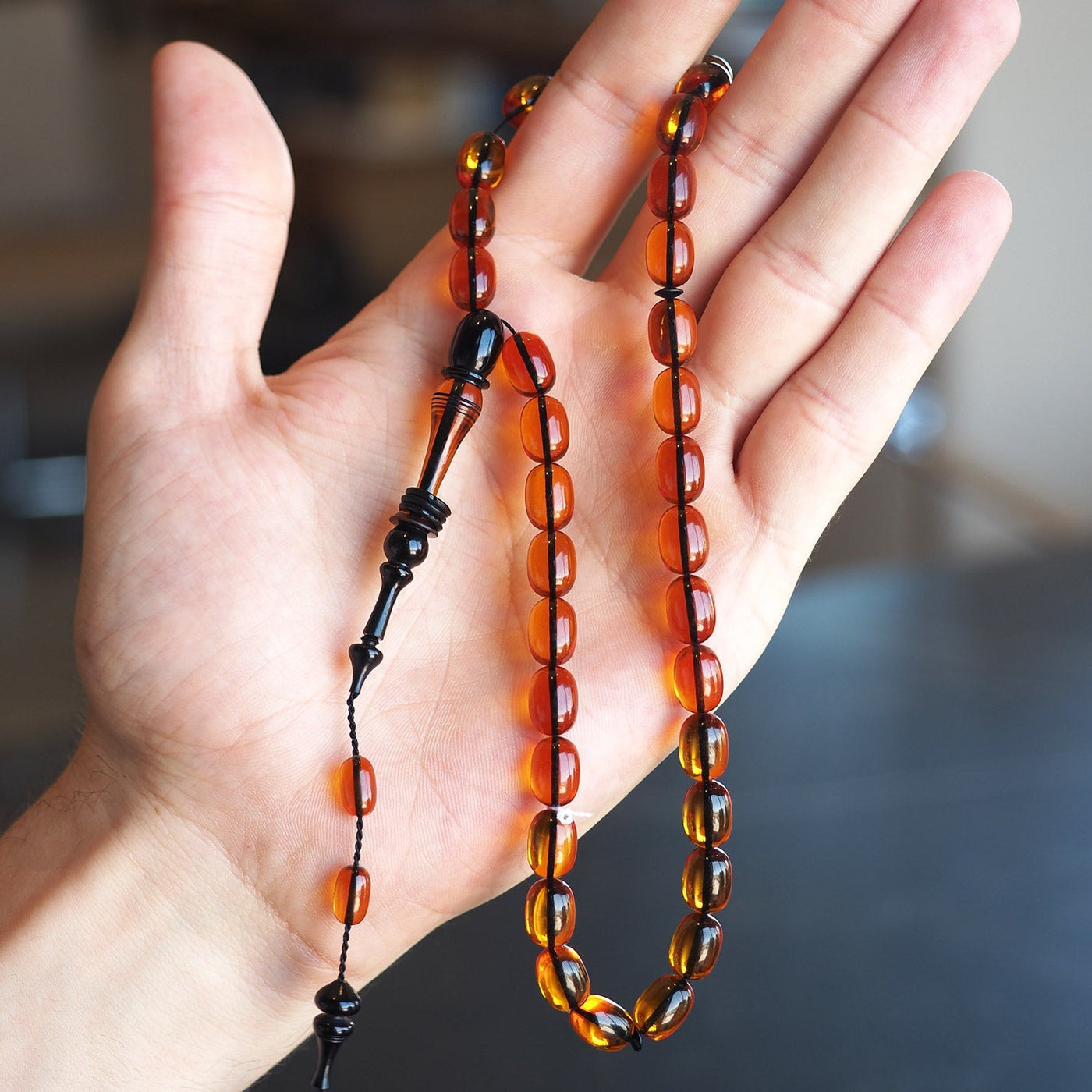 Custom Cast Graded Fire Amber Tasbeeh – Streaked Beads with Dual-Tone Design – WATE048