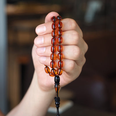 Custom Cast Graded Fire Amber Tasbeeh – Streaked Beads with Dual-Tone Design – WATE048