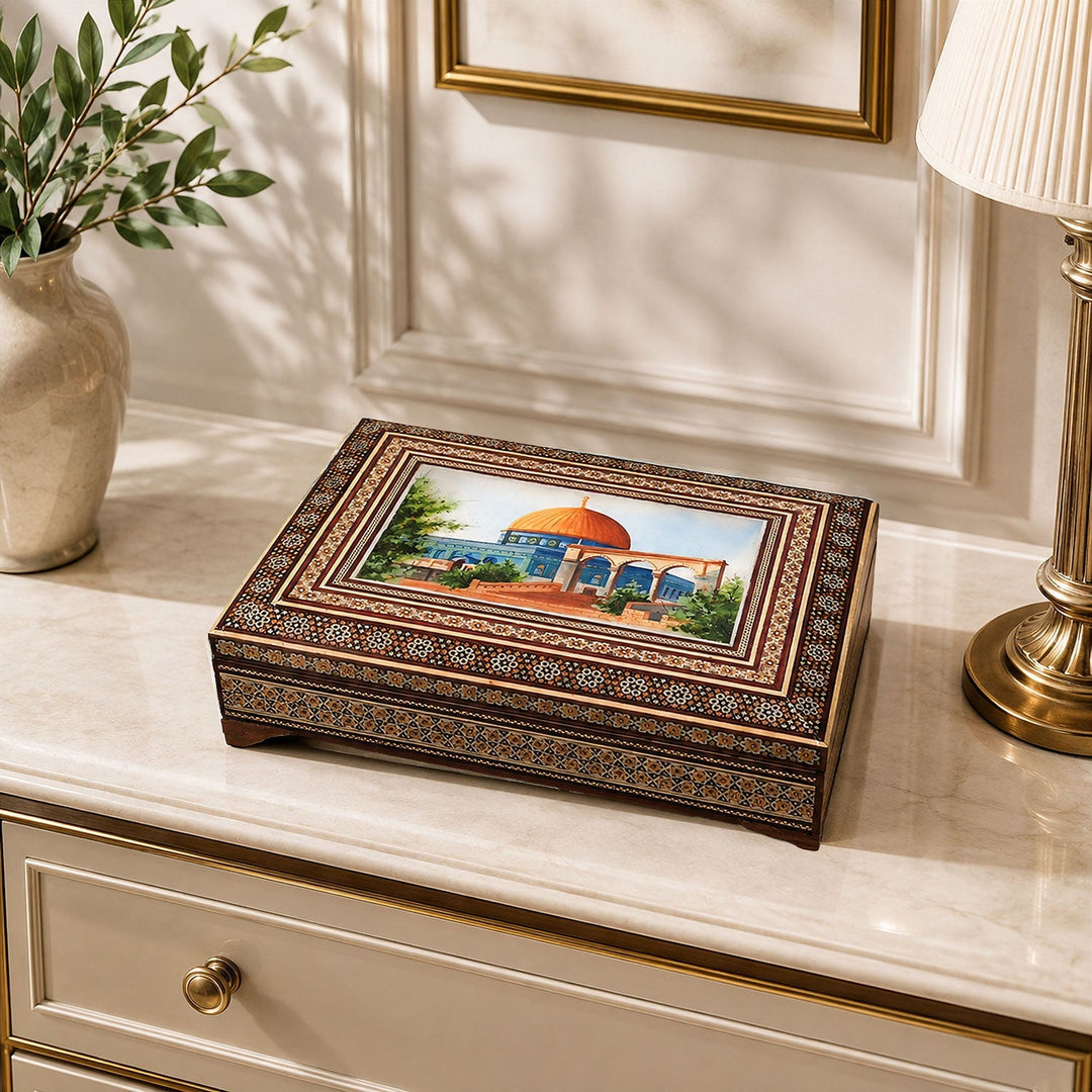 Al Aqsa Mosque Handcrafted Hatem-Inlaid Wooden Box - WAAH227