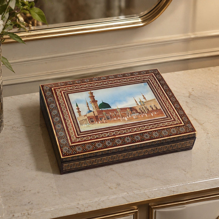 Al Masjid An Nabawi Handcrafted Hatem-Inlaid Wooden Box - WAAH228