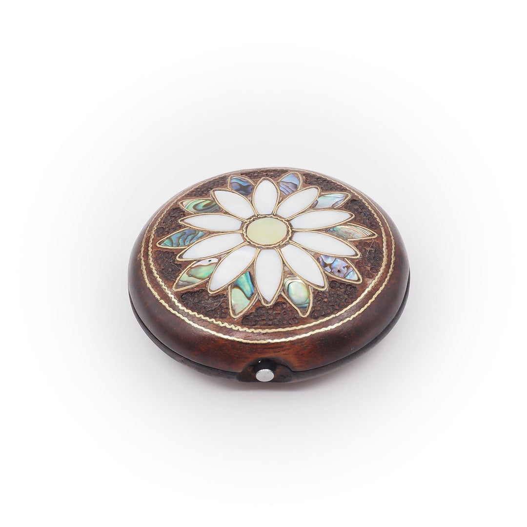 Floral Motif | Handcrafted Mother-of-Pearl &amp; Copper Wire Inlaid Wooden Pocket Mirror - WAAH502