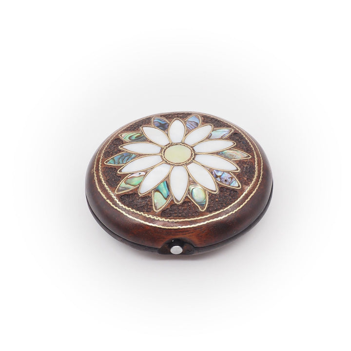 Floral Motif | Handcrafted Mother-of-Pearl &amp; Copper Wire Inlaid Wooden Pocket Mirror - WAAH502