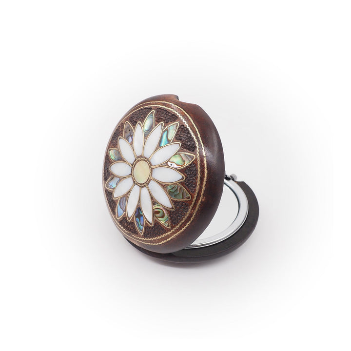 Floral Motif | Handcrafted Mother-of-Pearl &amp; Copper Wire Inlaid Wooden Pocket Mirror - WAAH502