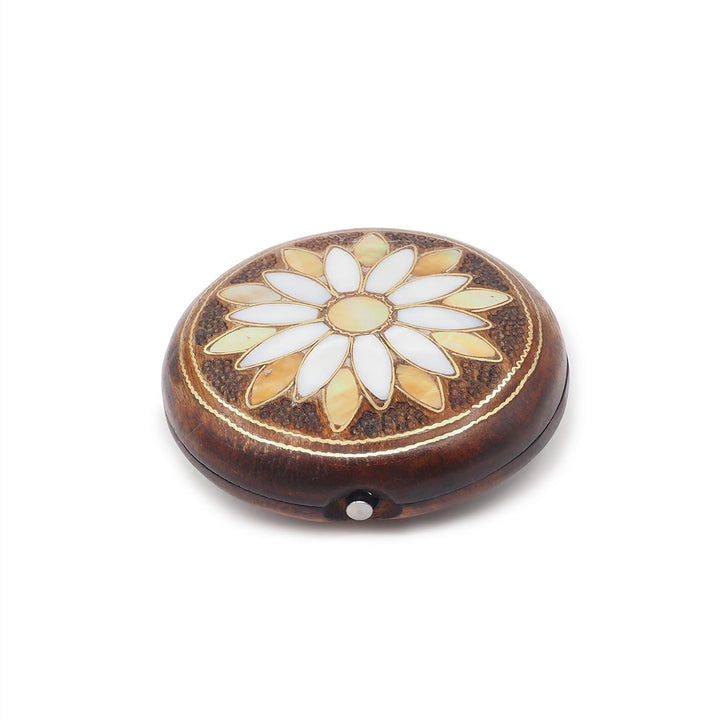 Floral Motif | Handcrafted Mother-of-Pearl &amp; Copper Wire Inlaid Wooden Pocket Mirror - WAAH501
