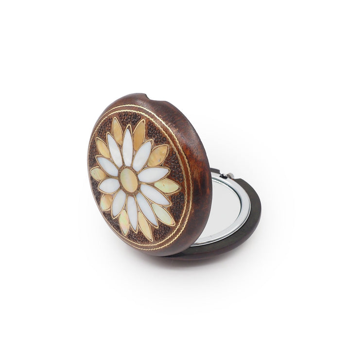 Floral Motif | Handcrafted Mother-of-Pearl &amp; Copper Wire Inlaid Wooden Pocket Mirror - WAAH501