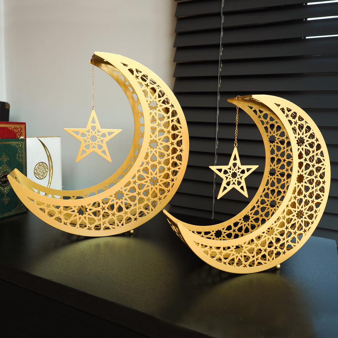 Crescent Moon Metal Islamic Decor Set of 2, ramadan mubarak, ramadan decor set, eid mubarak gifts, muslim home decor, arabic calligraphy, golden ramadan set, islamic decorations, decorative crescent, moon and star decor, ramadan table decor, ramadan celebration, traditional eid decor, Metal Islamic Candle Holder, Ramadan Decoration for Home, Muslim Gift, Ramadan Decor, Ramadan Gifts, Muslim Home Table Decor, Eid Decoration, Eid, Ramadan, Ramadan Decoration