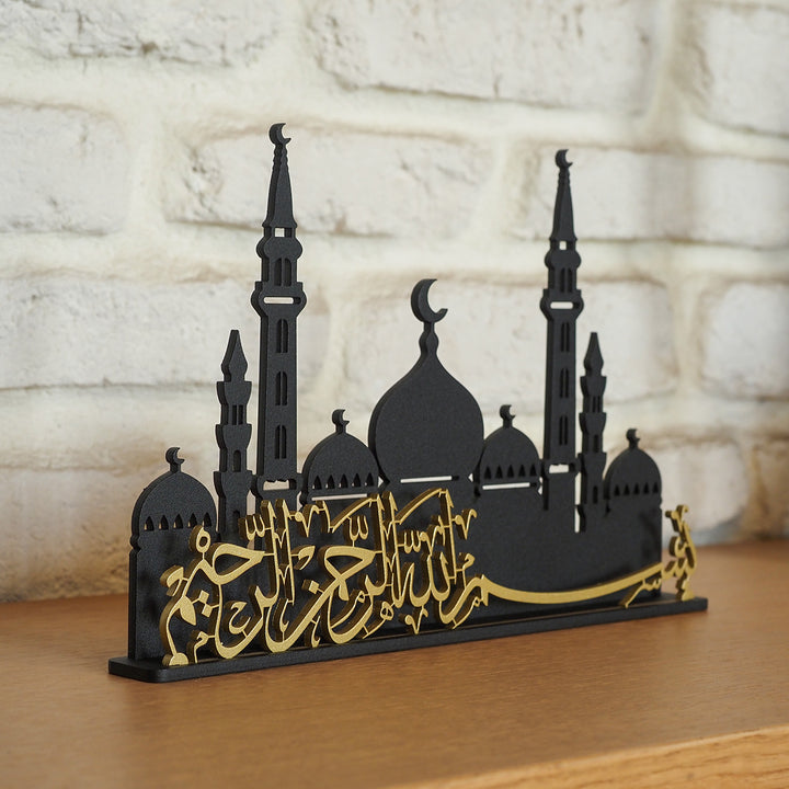 Bismillah Written Metal Islamic Tabletop Decor with Mosque Silhouette, ramadan mubarak, ramadan decor set, eid mubarak gifts, muslim home decor, arabic calligraphy, golden ramadan set, islamic decorations, decorative crescent, moon and star decor, ramadan table decor, ramadan celebration, traditional eid decor, Metal Islamic Candle Holder, Ramadan Decoration for Home, Muslim Gift, Ramadan Decor, Ramadan Gifts, Muslim Home Table Decor, Eid Decoration, Eid, Ramadan, Ramadan Decoration