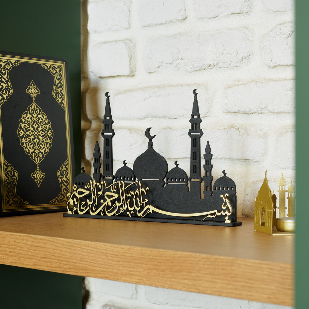 Bismillah Written Metal Islamic Tabletop Decor with Mosque Silhouette, ramadan mubarak, ramadan decor set, eid mubarak gifts, muslim home decor, arabic calligraphy, golden ramadan set, islamic decorations, decorative crescent, moon and star decor, ramadan table decor, ramadan celebration, traditional eid decor, Metal Islamic Candle Holder, Ramadan Decoration for Home, Muslim Gift, Ramadan Decor, Ramadan Gifts, Muslim Home Table Decor, Eid Decoration, Eid, Ramadan, Ramadan Decoration