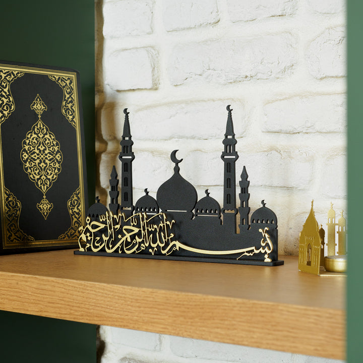 Bismillah Written Metal Islamic Tabletop Decor with Mosque Silhouette, ramadan mubarak, ramadan decor set, eid mubarak gifts, muslim home decor, arabic calligraphy, golden ramadan set, islamic decorations, decorative crescent, moon and star decor, ramadan table decor, ramadan celebration, traditional eid decor, Metal Islamic Candle Holder, Ramadan Decoration for Home, Muslim Gift, Ramadan Decor, Ramadan Gifts, Muslim Home Table Decor, Eid Decoration, Eid, Ramadan, Ramadan Decoration