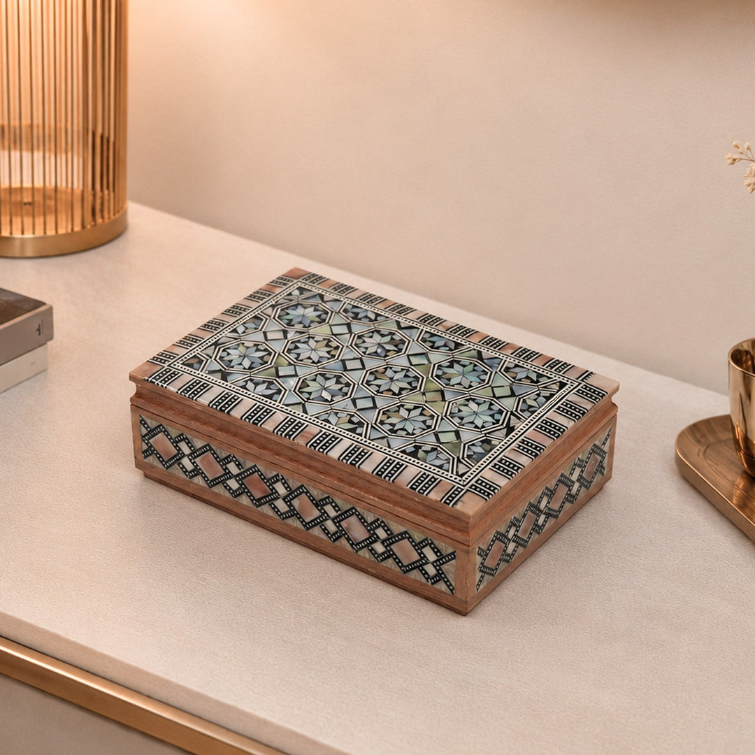 Geometric Motif | Handcrafted Mother-of-Pearl Inlaid Wooden Box – WAAH041