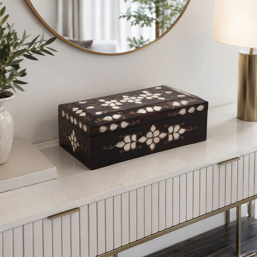 Floral Motif | Handcrafted Mother-of-Pearl &amp; Copper Wire Inlaid Wooden Box – WAAH048
