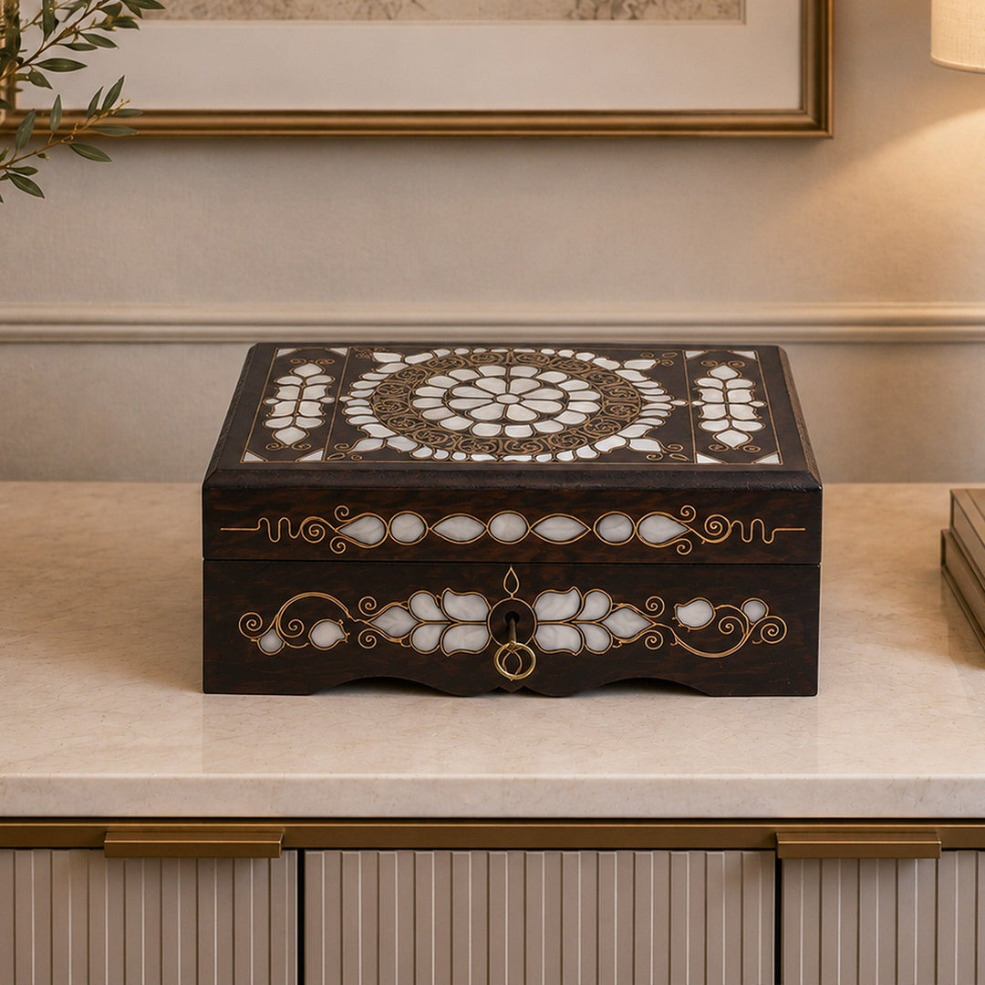 Floral Motif | Handcrafted Mother-of-Pearl &amp; Copper Wire Inlaid Wooden Box – WAAH050
