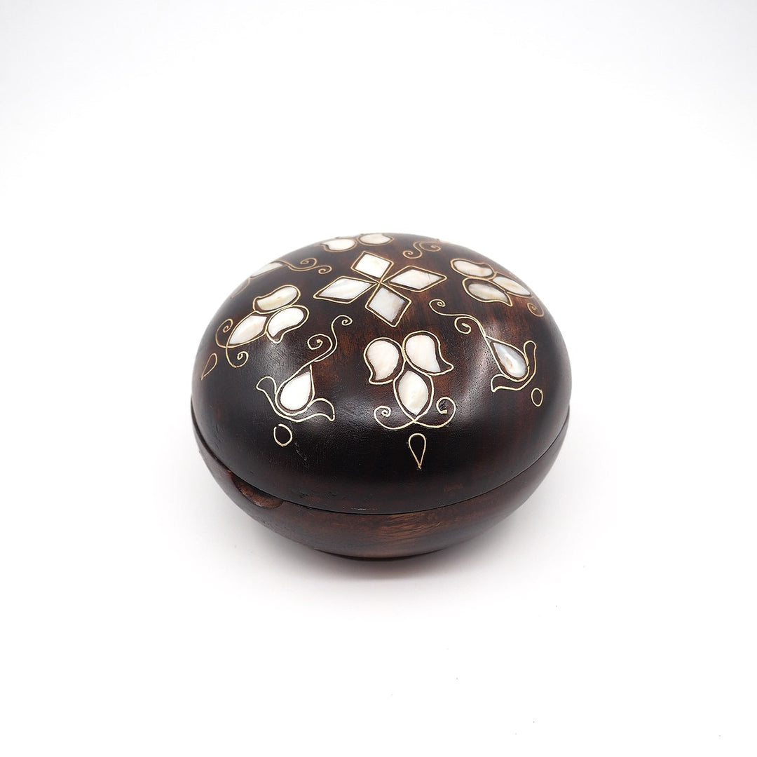 Floral Motif | Handcrafted Mother-of-Pearl &amp; Copper Wire Inlaid Round Wooden Box – WAAH052