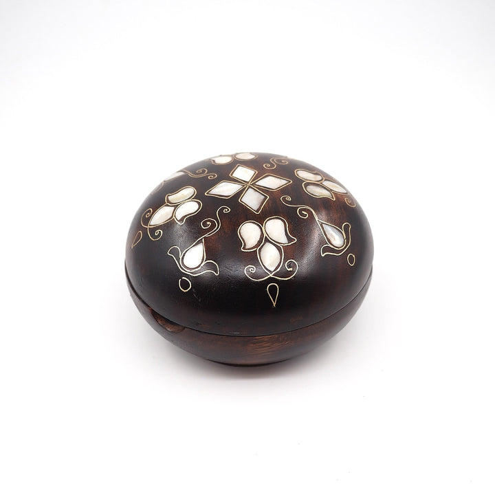 Floral Motif | Handcrafted Mother-of-Pearl &amp; Copper Wire Inlaid Round Wooden Box – WAAH052