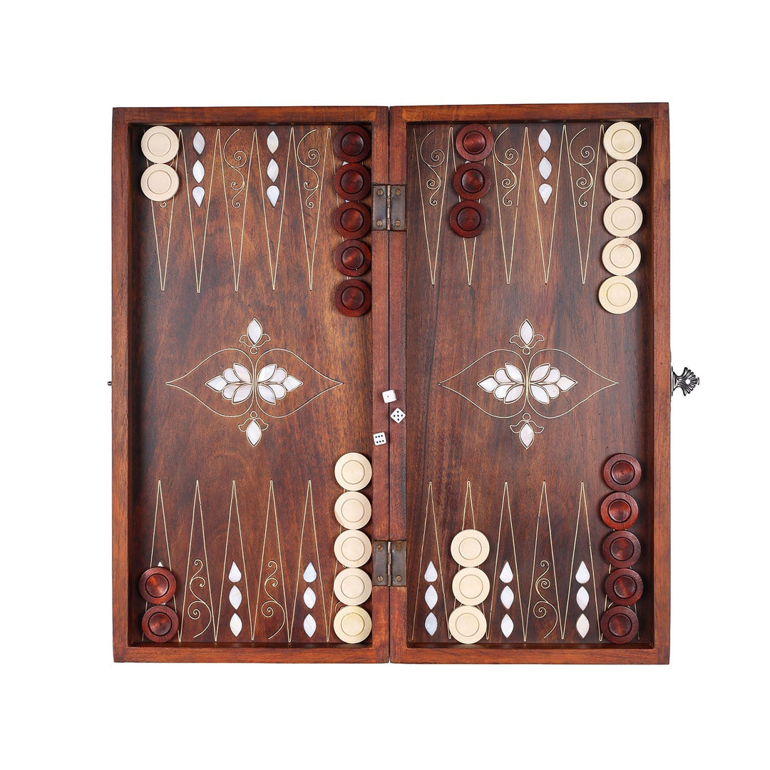 Handcrafted Wooden Backgammon Set with Mother-of-Pearl and Copper Wire Inlay – WAAH109