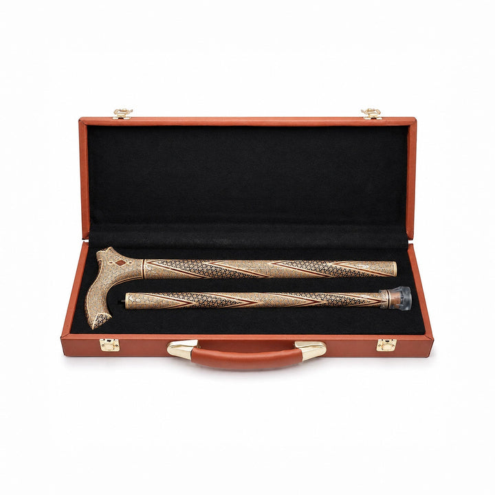 Handcrafted Hatem-Inlaid Wooden Walking Cane with Carrying Case - WAAH214