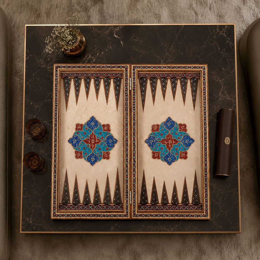 Handcrafted Hatem-Inlaid Wooden Backgammon Set with Carrying Case - WAAH219