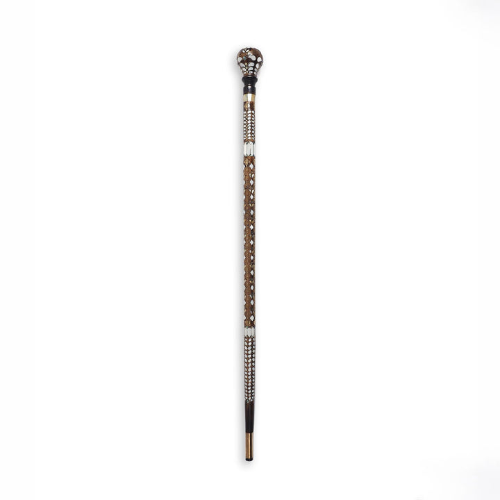 Handcrafted Walnut Wood Cane with Mother-of-Pearl and Brass Wire Inlay, Spherical Handle - WAAH232