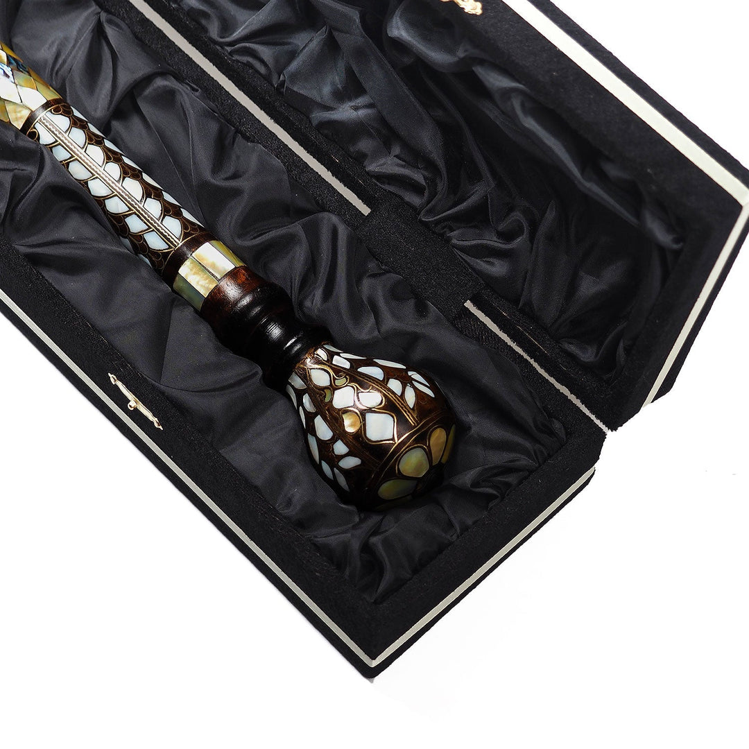 Handcrafted Walnut Wood Cane with Mother-of-Pearl and Brass Wire Inlay, Spherical Handle - WAAH234