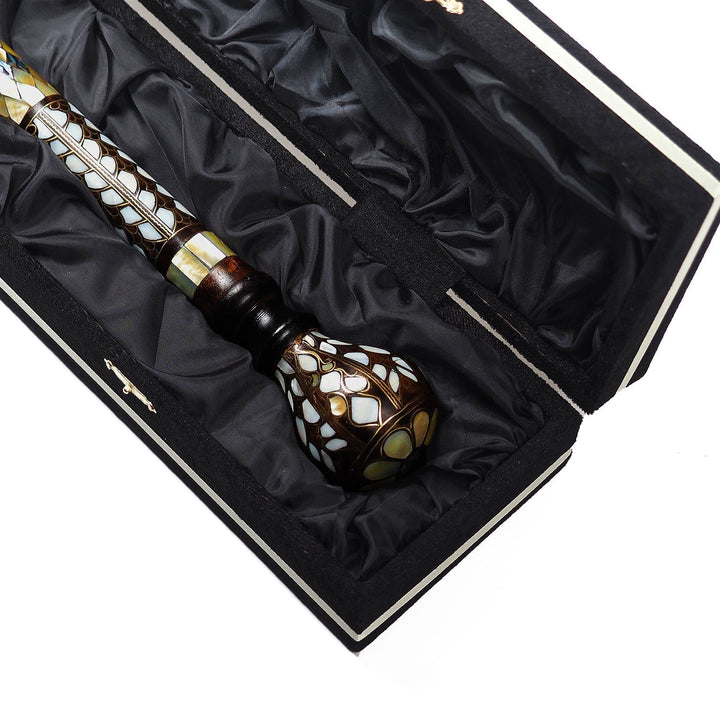 Handcrafted Walnut Wood Cane with Mother-of-Pearl and Brass Wire Inlay, Spherical Handle - WAAH234