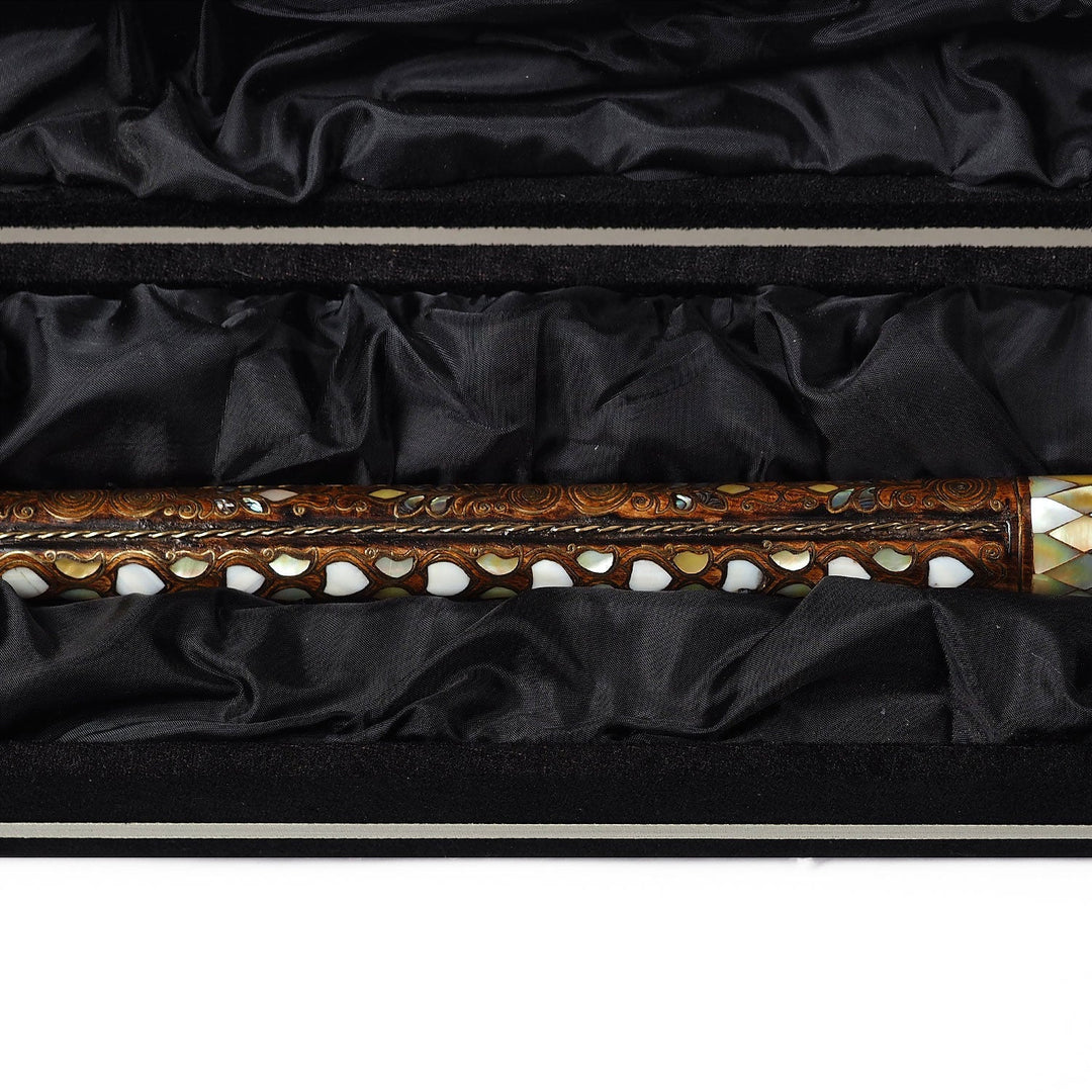 Handcrafted Walnut Wood Cane with Mother-of-Pearl and Brass Wire Inlay, Spherical Handle - WAAH234
