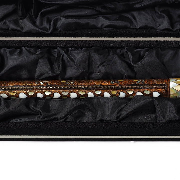 Handcrafted Walnut Wood Cane with Mother-of-Pearl and Brass Wire Inlay, Spherical Handle - WAAH234