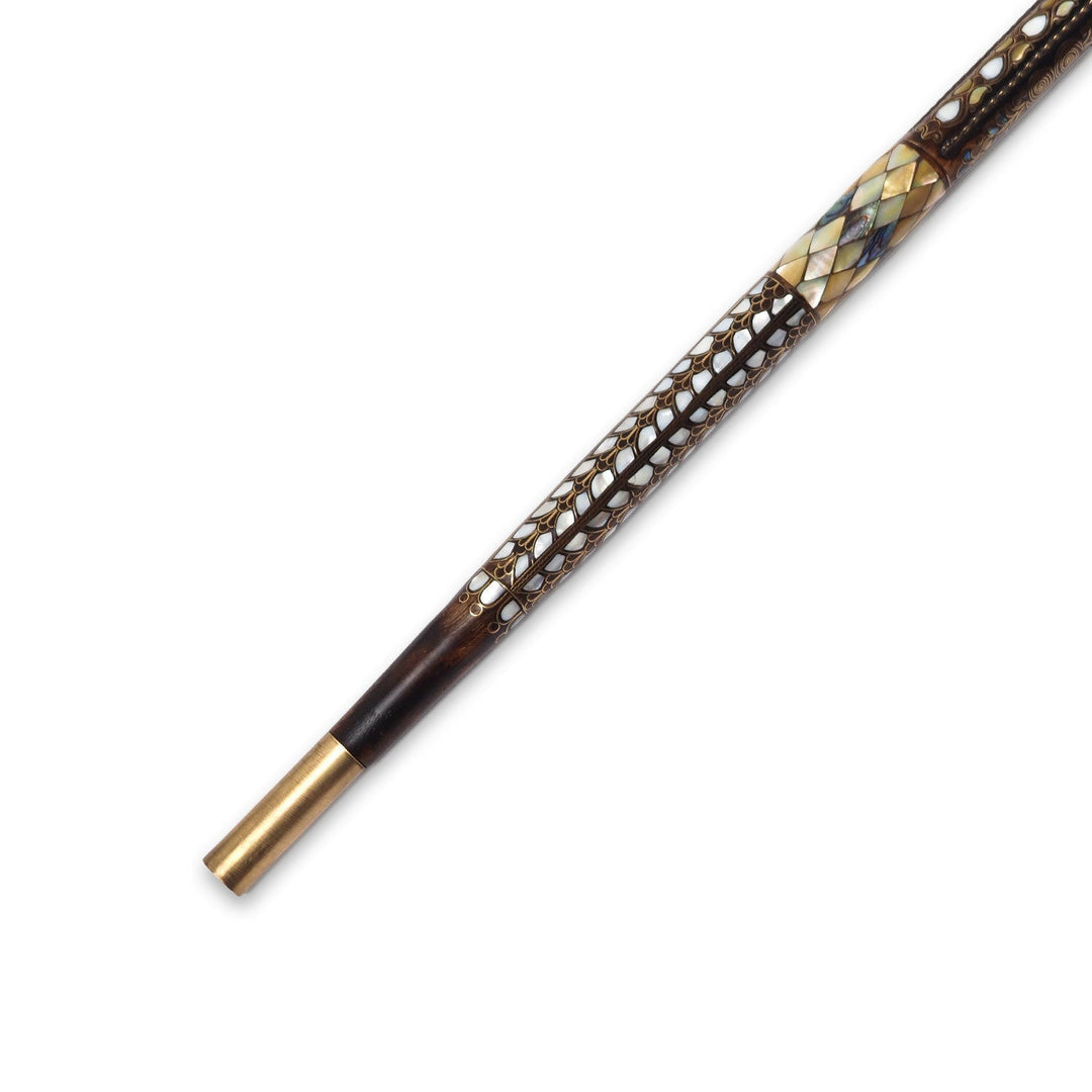 Handcrafted Walnut Wood Cane with Mother-of-Pearl and Brass Wire Inlay, Spherical Handle - WAAH234