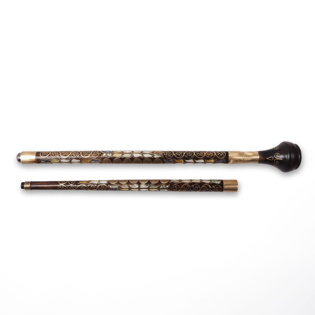 Handcrafted Wooden Walking Cane with Mother-of-Pearl and Copper Wire Inlay, Spherical Handle - WAAH235