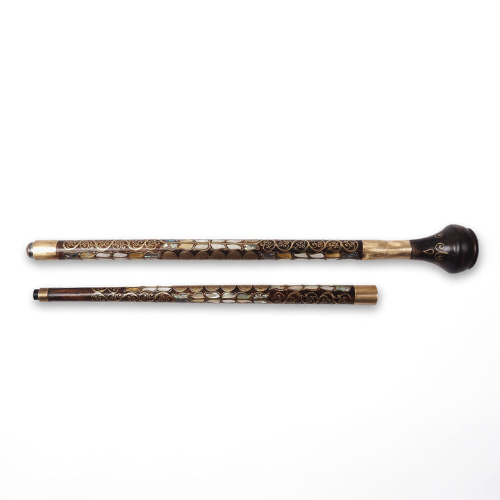 Handcrafted Wooden Walking Cane with Mother-of-Pearl and Copper Wire Inlay, Spherical Handle - WAAH235