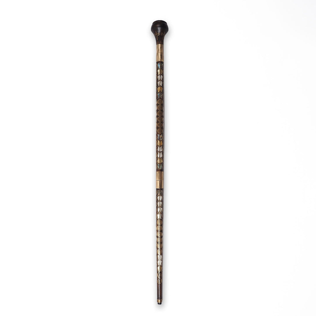 Handcrafted Wooden Walking Cane with Mother-of-Pearl and Copper Wire Inlay, Spherical Handle - WAAH235