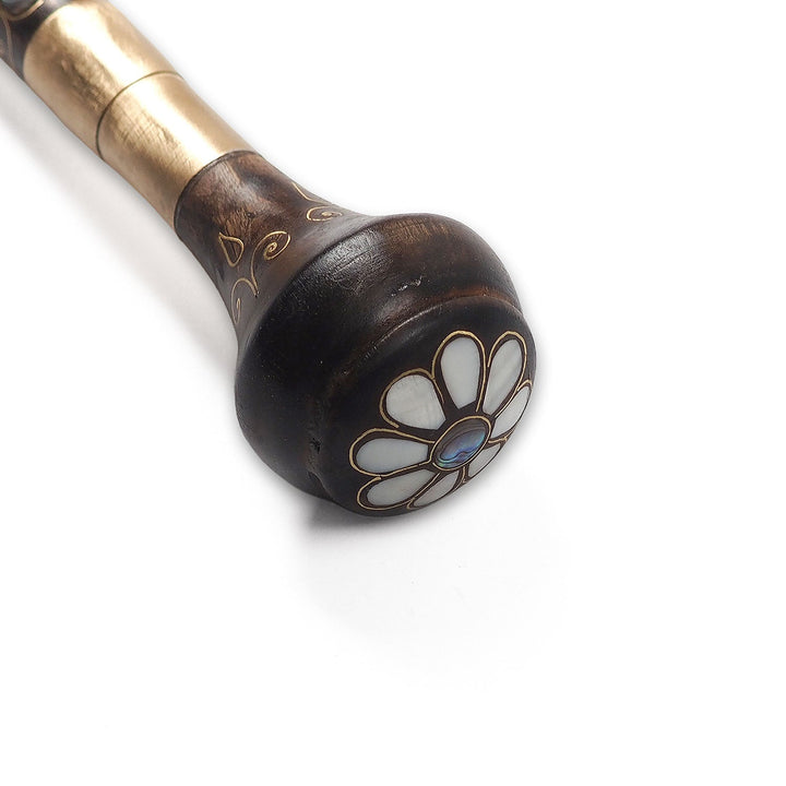 Handcrafted Wooden Walking Cane with Mother-of-Pearl and Copper Wire Inlay, Spherical Handle - WAAH235