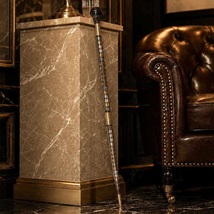 Handcrafted Wooden Walking Cane with Mother-of-Pearl and Copper Wire Inlay, Spherical Handle - WAAH235