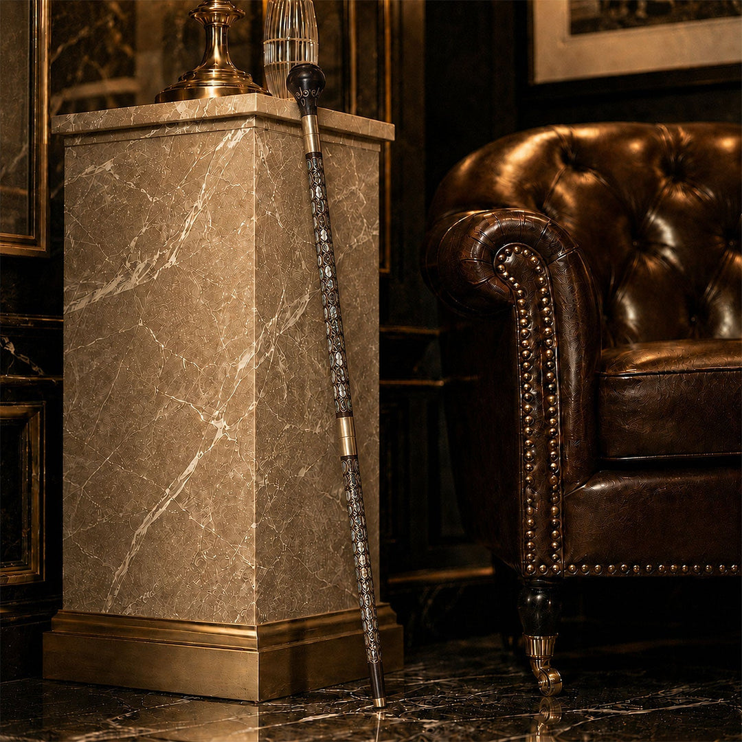 Handcrafted Wooden Walking Cane with Mother-of-Pearl and Copper Wire Inlay, Spherical Handle - WAAH236