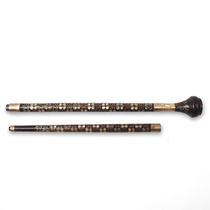 Handcrafted Wooden Walking Cane with Mother-of-Pearl and Copper Wire Inlay, Spherical Handle - WAAH236