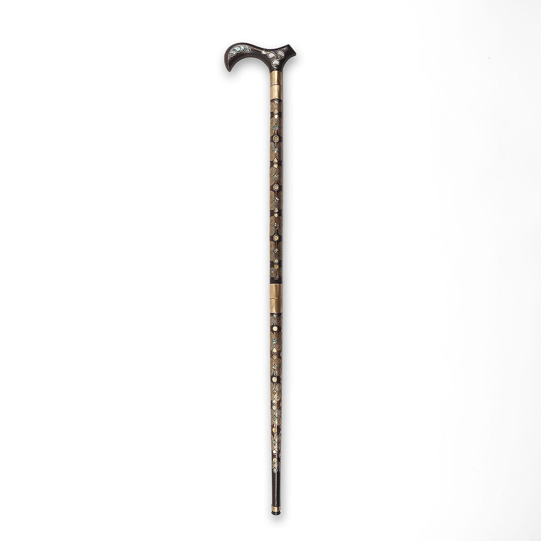 Handcrafted Wooden Walking Cane with Mother-of-Pearl and Copper Wire Inlay, Spherical Handle - WAAH237