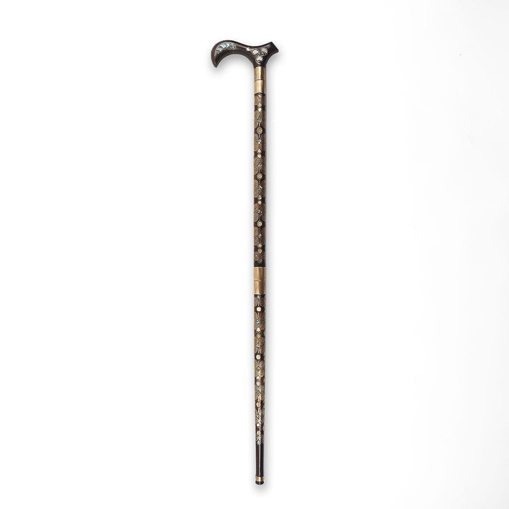 Handcrafted Wooden Walking Cane with Mother-of-Pearl and Copper Wire Inlay, Spherical Handle - WAAH237