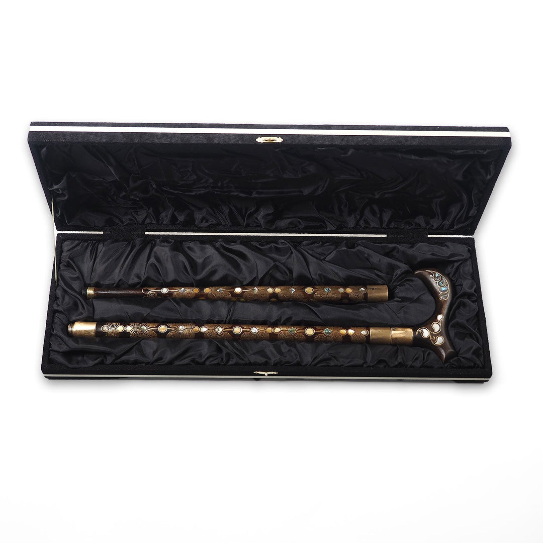 Handcrafted Wooden Walking Cane with Mother-of-Pearl and Copper Wire Inlay, Spherical Handle - WAAH237