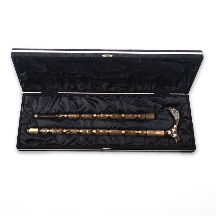 Handcrafted Wooden Walking Cane with Mother-of-Pearl and Copper Wire Inlay, Spherical Handle - WAAH237